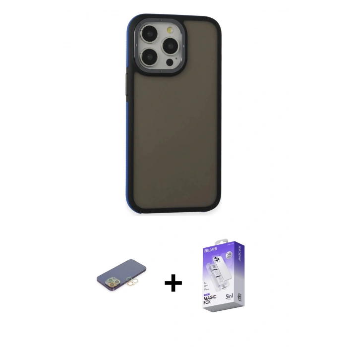 MARSİLYAN™- iPhone 13 Pro Max Kılıf Eksen Işık - Siyah Bilvis 5in1 3D Magic Cam Ekran Koruyucu + Renkli Kamera Lens Koruma Cam - SI
