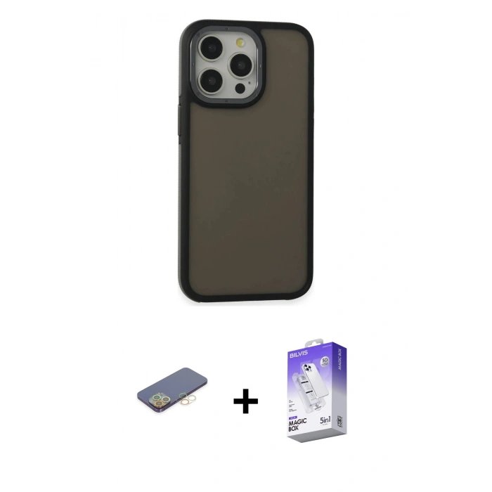 MARSİLYAN™- iPhone 13 Pro Max Kılıf Eksen Işık - Siyah Bilvis 5in1 3D Magic Cam Ekran Koruyucu + Renkli Kamera Lens Koruma Cam - SI