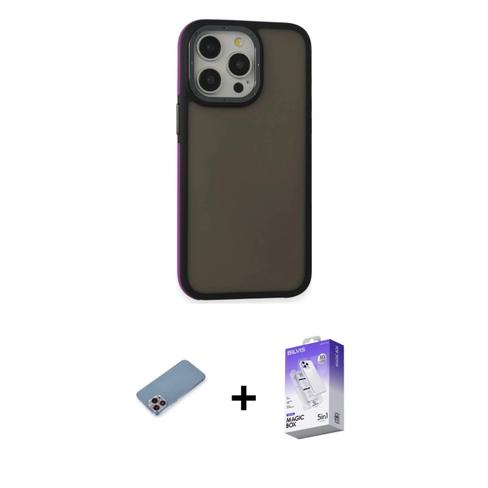 MARSİLYAN™- iPhone 13 Pro Max Kılıf Eksen Işık - Siyah Bilvis 5in1 3D Magic Cam Ekran Koruyucu + Shine Kamera Lens Koruma Cam - PE