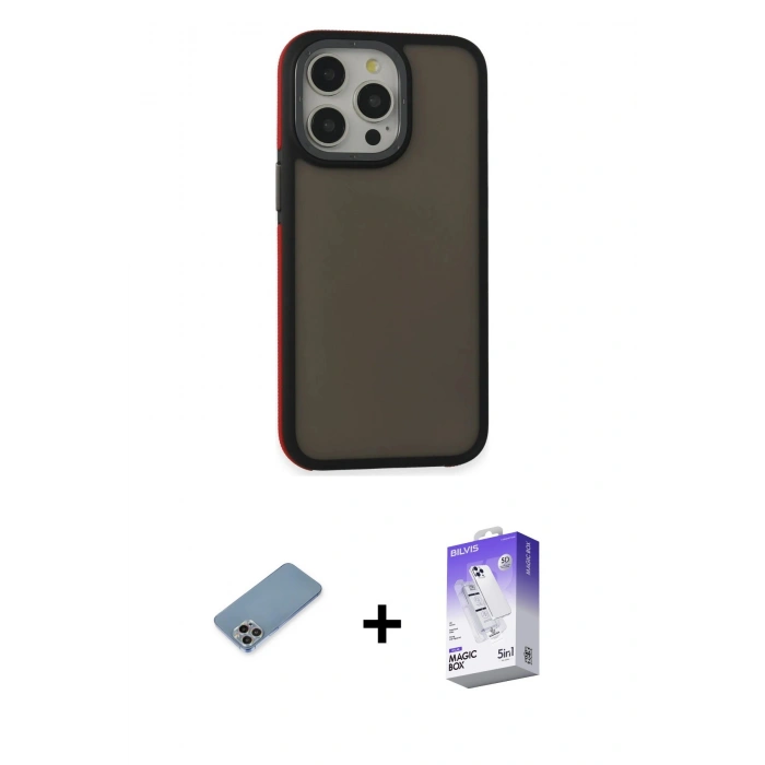 MARSİLYAN™- iPhone 13 Pro Max Kılıf Eksen Işık - Siyah Bilvis 5in1 3D Magic Cam Ekran Koruyucu + Shine Kamera Lens Koruma Cam - GI