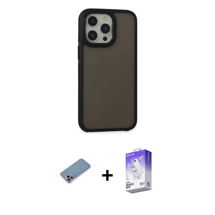 MARSİLYAN™- iPhone 13 Pro Max Kılıf Eksen Işık - Siyah Bilvis 5in1 3D Magic Cam Ekran Koruyucu + Shine Kamera Lens Koruma Cam - PE
