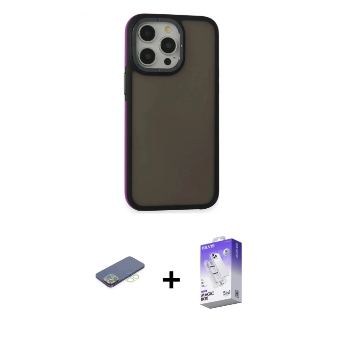 MARSİLYAN™- iPhone 13 Pro Max Kılıf Eksen Işık - Siyah Bilvis 5in1 3D Magic Cam Ekran Koruyucu + Renkli Kamera Lens Koruma Cam - YL
