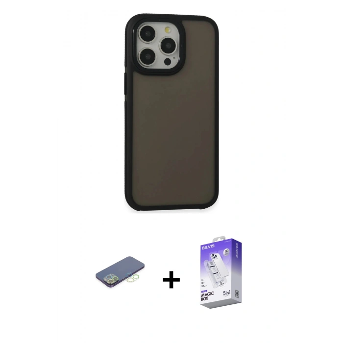 MARSİLYAN™- iPhone 13 Pro Max Kılıf Eksen Işık - Siyah Bilvis 5in1 3D Magic Cam Ekran Koruyucu + Renkli Kamera Lens Koruma Cam - YL