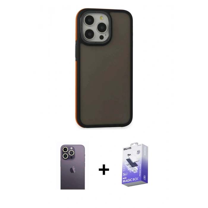 MARSİLYAN™- iPhone 13 Pro Max Kılıf Eksen Işık - Siyah Bilvis 5in1 5D Magic Hayalet Cam Ekran Koruyucu + Neon Fosforlu Kamera Lens - BZ