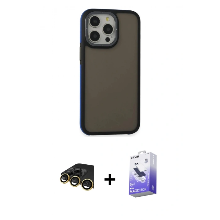 MARSİLYAN™- iPhone 13 Pro Max Kılıf Eksen Işık - Siyah Bilvis 5in1 5D Magic Hayalet Cam Ekran Koruyucu + Raze Metal Kamera Lens - GD