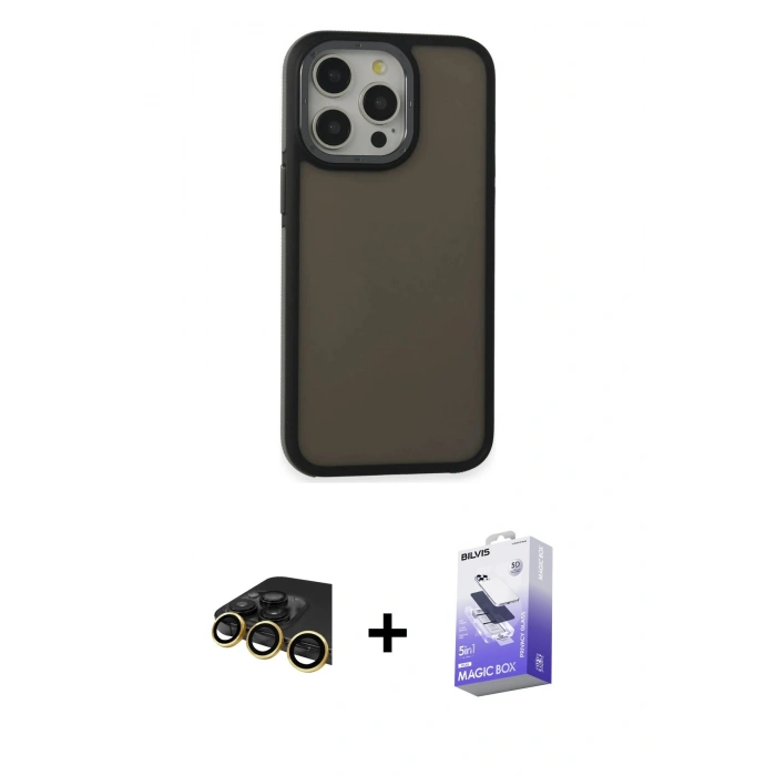 MARSİLYAN™- iPhone 13 Pro Max Kılıf Eksen Işık - Siyah Bilvis 5in1 5D Magic Hayalet Cam Ekran Koruyucu + Raze Metal Kamera Lens - GD