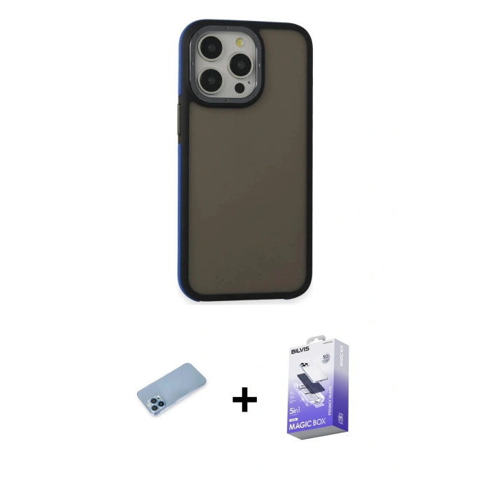 MARSİLYAN™- iPhone 13 Pro Max Kılıf Eksen Işık - Siyah Bilvis 5in1 5D Magic Hayalet Cam Ekran Koruyucu + Mavi Shine Kamera Lens Koruma Cam