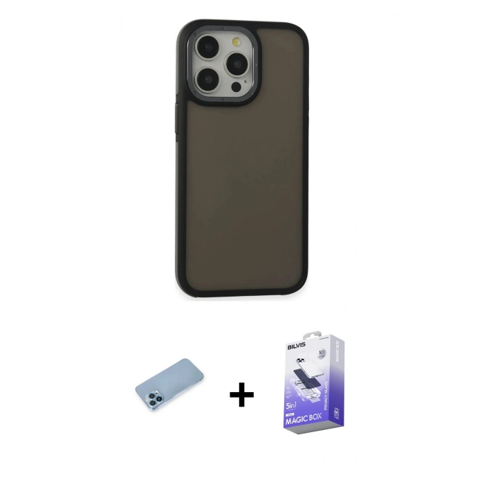 MARSİLYAN™- iPhone 13 Pro Max Kılıf Eksen Işık - Siyah Bilvis 5in1 5D Magic Hayalet Cam Ekran Koruyucu + Mavi Shine Kamera Lens Koruma Cam