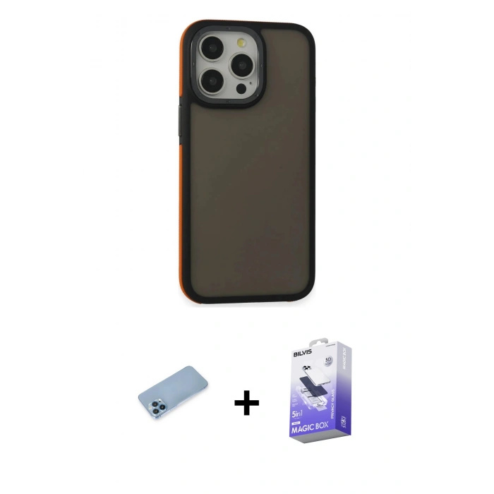 MARSİLYAN™- iPhone 13 Pro Max Kılıf Eksen Işık - Siyah Bilvis 5in1 5D Magic Hayalet Cam Ekran Koruyucu + Mavi Shine Kamera Lens Koruma Cam