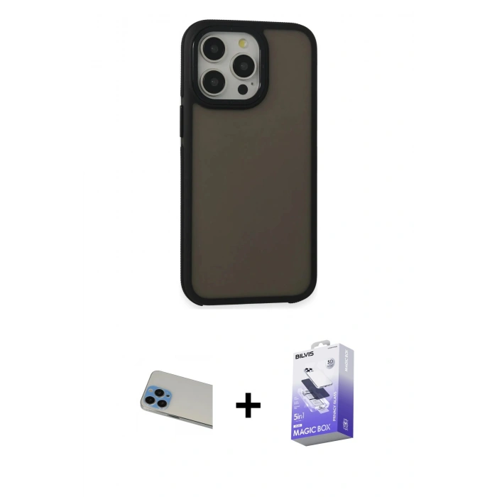 MARSİLYAN™- iPhone 13 Pro Max Kılıf Eksen Işık - Siyah Bilvis 5in1 5D Magic Hayalet Cam Ekran Koruyucu + Rainbow Kamera Lens Koruma Cam - MI