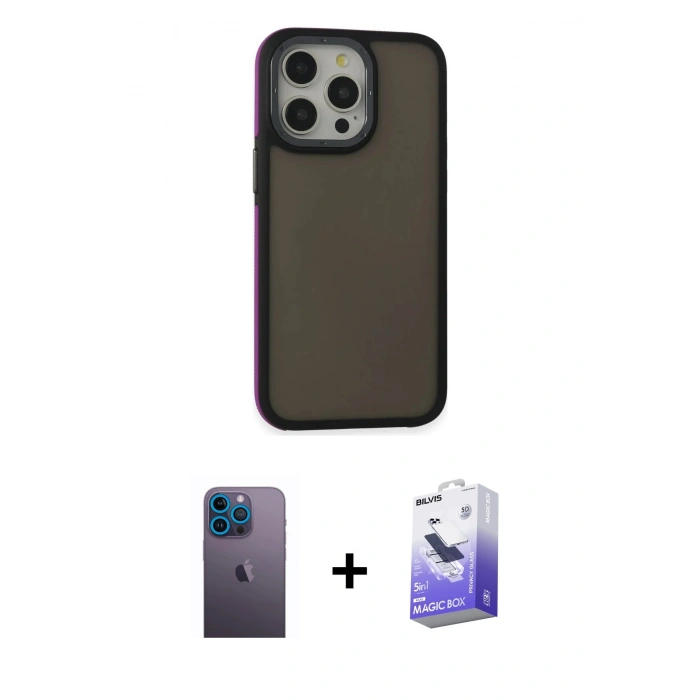MARSİLYAN™- iPhone 13 Pro Max Kılıf Eksen Işık - Siyah Bilvis 5in1 5D Magic Hayalet Cam Ekran Koruyucu + Neon Fosforlu Kamera Lens - MI