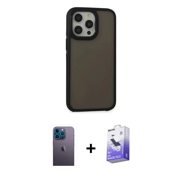 MARSİLYAN™- iPhone 13 Pro Max Kılıf Eksen Işık - Siyah Bilvis 5in1 5D Magic Hayalet Cam Ekran Koruyucu + Neon Fosforlu Kamera Lens - MI