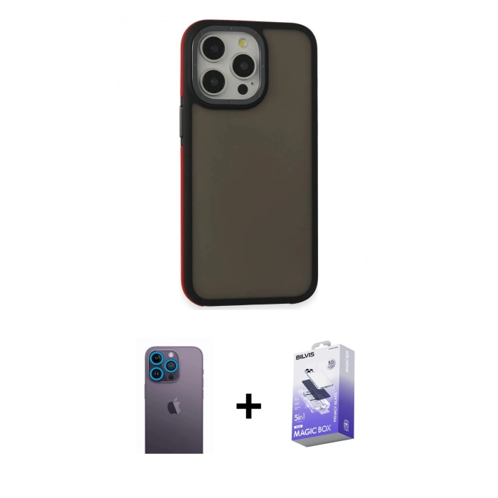 MARSİLYAN™- iPhone 13 Pro Max Kılıf Eksen Işık - Siyah Bilvis 5in1 5D Magic Hayalet Cam Ekran Koruyucu + Neon Fosforlu Kamera Lens - MI