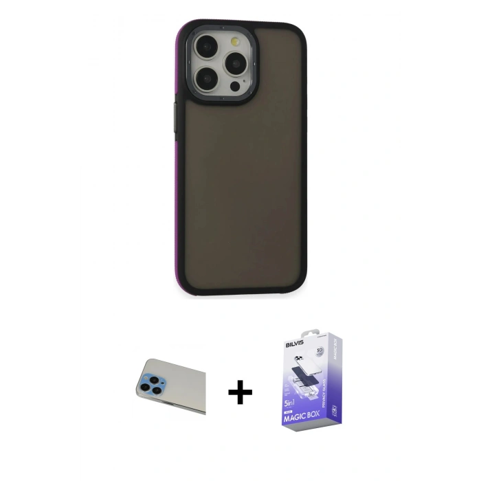 MARSİLYAN™- iPhone 13 Pro Max Kılıf Eksen Işık - Siyah Bilvis 5in1 5D Magic Hayalet Cam Ekran Koruyucu + Rainbow Kamera Lens Koruma Cam - MI