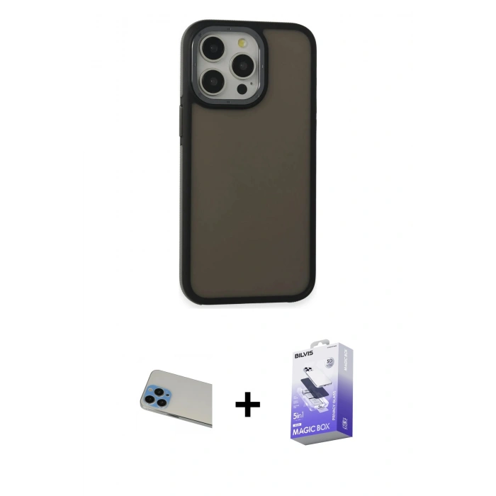 MARSİLYAN™- iPhone 13 Pro Max Kılıf Eksen Işık - Siyah Bilvis 5in1 5D Magic Hayalet Cam Ekran Koruyucu + Rainbow Kamera Lens Koruma Cam - MI