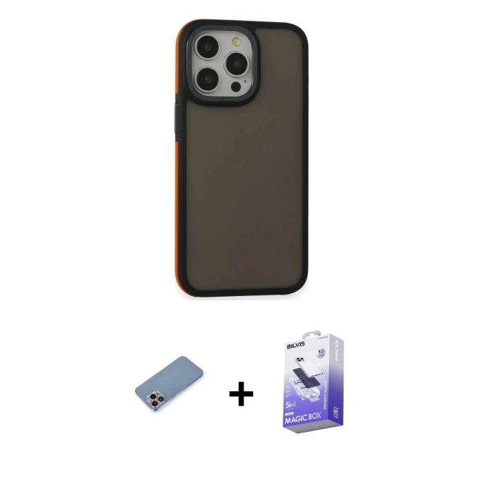 MARSİLYAN™- iPhone 13 Pro Max Kılıf Eksen Işık - Siyah Bilvis 5in1 5D Magic Hayalet Cam Ekran Koruyucu + Pembe Shine Kamera Lens Koruma Cam