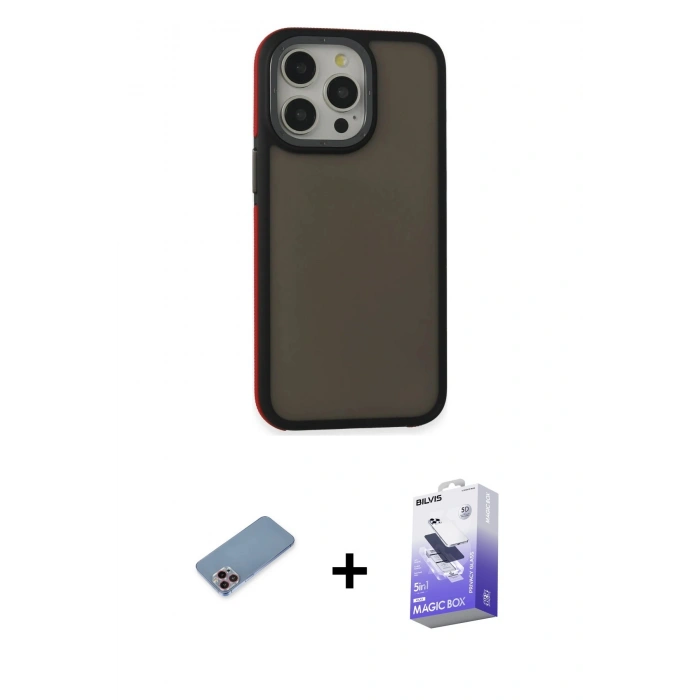 MARSİLYAN™- iPhone 13 Pro Max Kılıf Eksen Işık - Siyah Bilvis 5in1 5D Magic Hayalet Cam Ekran Koruyucu + Pembe Shine Kamera Lens Koruma Cam