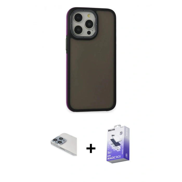 MARSİLYAN™- iPhone 13 Pro Max Kılıf Eksen Işık - Siyah Bilvis 5in1 5D Magic Hayalet Cam Ekran Koruyucu + Pers Alüminyum Kamera Lens - SABE