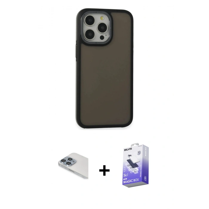 MARSİLYAN™- iPhone 13 Pro Max Kılıf Eksen Işık - Siyah Bilvis 5in1 5D Magic Hayalet Cam Ekran Koruyucu + Pers Alüminyum Kamera Lens - SABE
