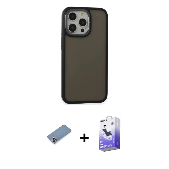 MARSİLYAN™- iPhone 13 Pro Max Kılıf Eksen Işık - Siyah Bilvis 5in1 5D Magic Hayalet Cam Ekran Koruyucu + Pembe Shine Kamera Lens Koruma Cam