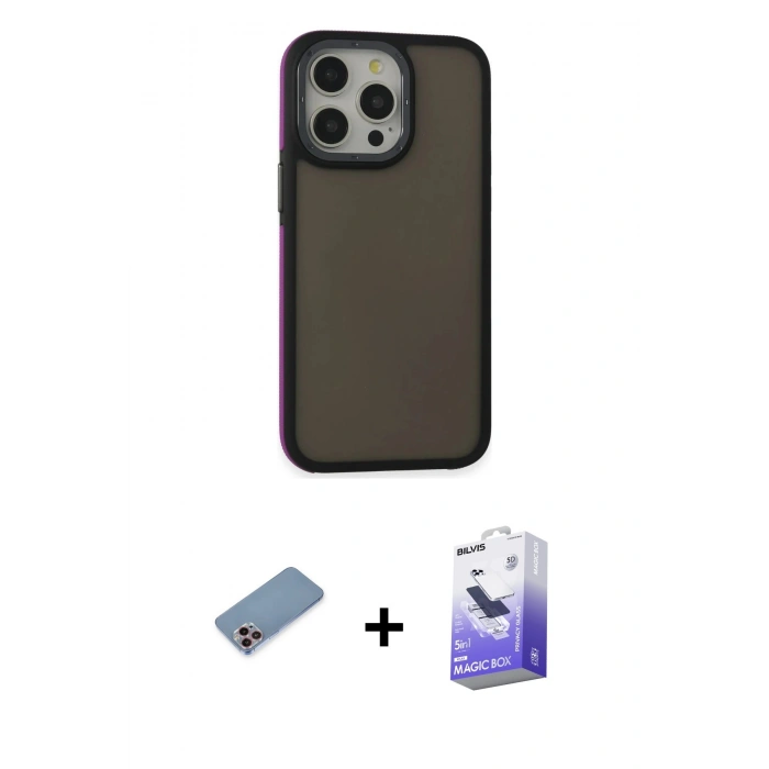 MARSİLYAN™- iPhone 13 Pro Max Kılıf Eksen Işık - Siyah Bilvis 5in1 5D Magic Hayalet Cam Ekran Koruyucu + Pembe Shine Kamera Lens Koruma Cam