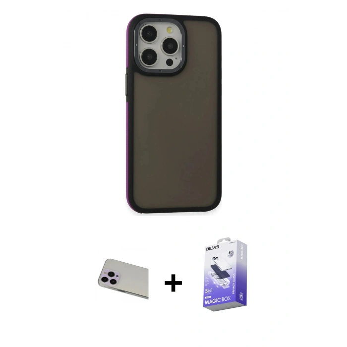 MARSİLYAN™- iPhone 13 Pro Max Kılıf Eksen Işık - Siyah Bilvis 5in1 5D Magic Hayalet Cam Ekran Koruyucu + Rainbow Kamera Lens Koruma Cam - MR