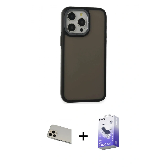 MARSİLYAN™- iPhone 13 Pro Max Kılıf Eksen Işık - Siyah Bilvis 5in1 5D Magic Hayalet Cam Ekran Koruyucu + Rainbow Kamera Lens Koruma Cam - REGD