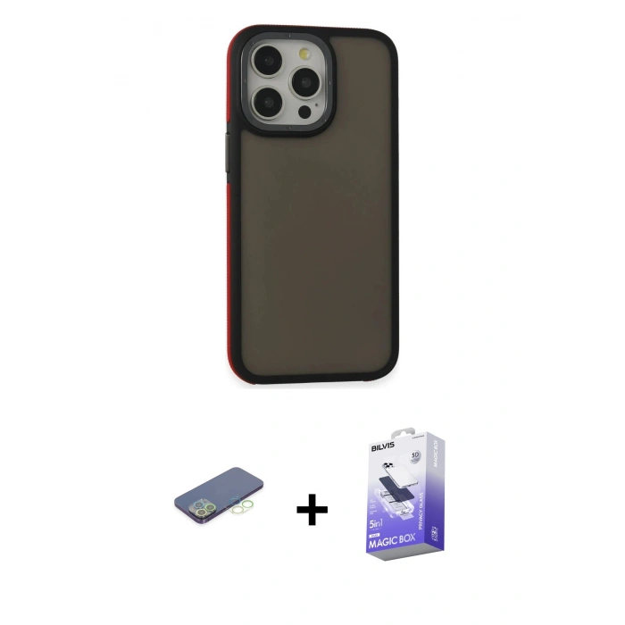 MARSİLYAN™- iPhone 13 Pro Max Kılıf Eksen Işık - Siyah Bilvis 5in1 5D Magic Hayalet Cam Ekran Koruyucu + Renkli Kamera Lens Koruma Cam - YL