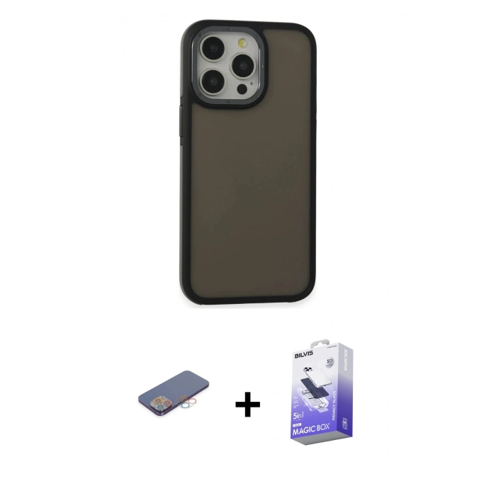 MARSİLYAN™- iPhone 13 Pro Max Kılıf Eksen Işık - Siyah Bilvis 5in1 5D Magic Hayalet Cam Ekran Koruyucu + Renkli Kamera Lens Koruma Cam - PE
