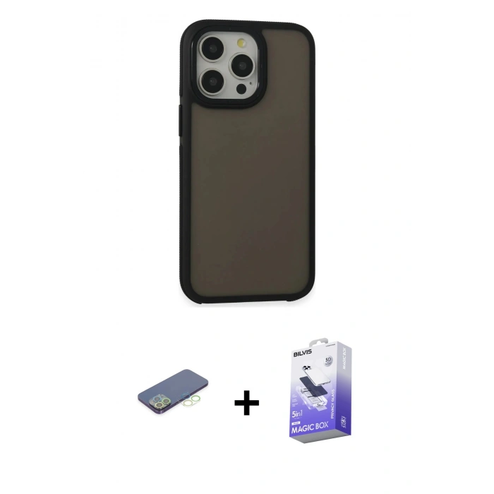 MARSİLYAN™- iPhone 13 Pro Max Kılıf Eksen Işık - Siyah Bilvis 5in1 5D Magic Hayalet Cam Ekran Koruyucu + Renkli Kamera Lens Koruma Cam - YL