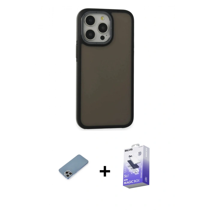 MARSİLYAN™- iPhone 13 Pro Max Kılıf Eksen Işık - Siyah Bilvis 5in1 5D Magic Hayalet Cam Ekran Koruyucu + Shine Kamera Lens Koruma Cam - GI