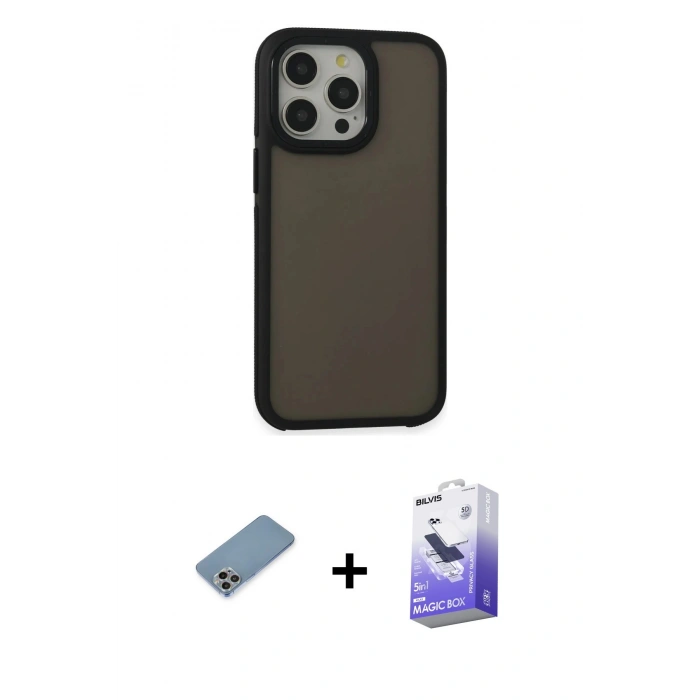 MARSİLYAN™- iPhone 13 Pro Max Kılıf Eksen Işık - Siyah Bilvis 5in1 5D Magic Hayalet Cam Ekran Koruyucu + Shine Kamera Lens Koruma Cam - GI