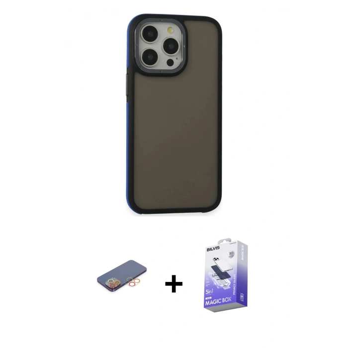 MARSİLYAN™- iPhone 13 Pro Max Kılıf Eksen Işık - Siyah Bilvis 5in1 5D Magic Hayalet Cam Ekran Koruyucu + Turuncu Renkli Kamera Lens Koruma Cam