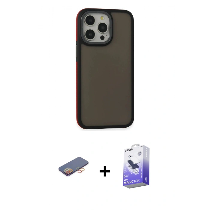 MARSİLYAN™- iPhone 13 Pro Max Kılıf Eksen Işık - Siyah Bilvis 5in1 5D Magic Hayalet Cam Ekran Koruyucu + Turuncu Renkli Kamera Lens Koruma Cam