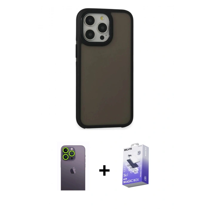 MARSİLYAN™- iPhone 13 Pro Max Kılıf Eksen Işık - Siyah Bilvis 5in1 5D Magic Hayalet Cam Ekran Koruyucu + Yeşil Neon Fosforlu Kamera Lens