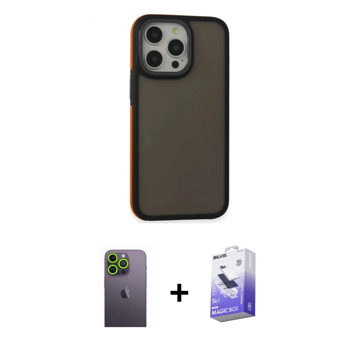 MARSİLYAN™- iPhone 13 Pro Max Kılıf Eksen Işık - Siyah Bilvis 5in1 5D Magic Hayalet Cam Ekran Koruyucu + Yeşil Neon Fosforlu Kamera Lens