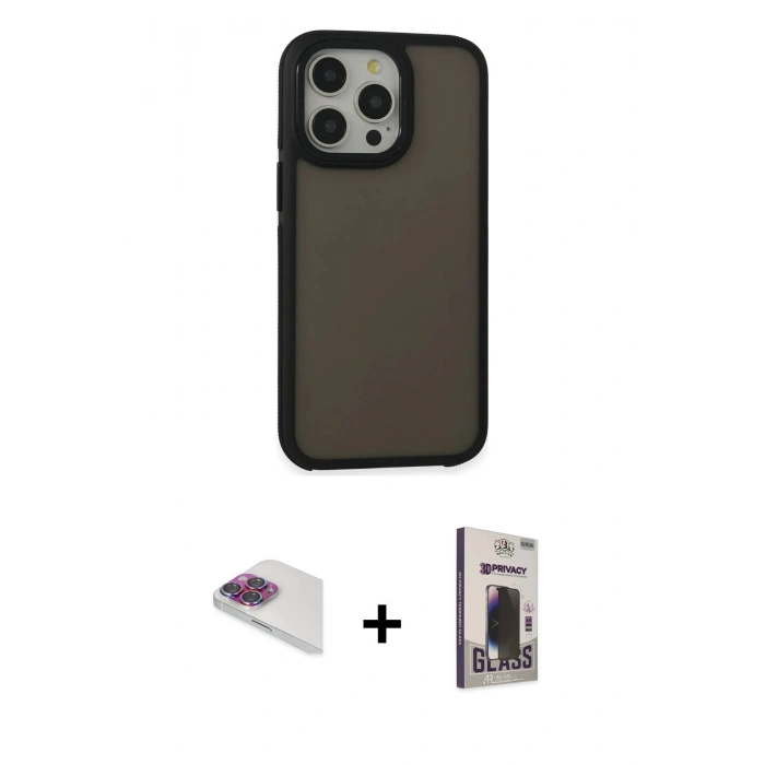 MARSİLYAN™- iPhone 13 Pro Max Kılıf Eksen Işık - Siyah Bilvis Hayalet Cam Ekran Koruyucu + Pers Alüminyum Kamera Lens - GI