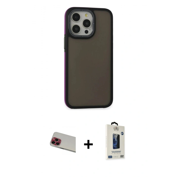 MARSİLYAN™- iPhone 13 Pro Max Kılıf Eksen Işık - Siyah Bilvis Hayalet Cam Ekran Koruyucu + Rainbow Kamera Lens Koruma Cam - KI