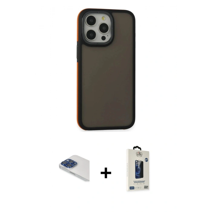 MARSİLYAN™- iPhone 13 Pro Max Kılıf Eksen Işık - Siyah Bilvis Hayalet Cam Ekran Koruyucu + Lacivert Pers Alüminyum Kamera Lens