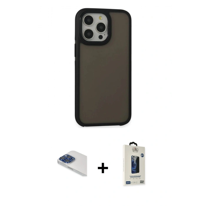 MARSİLYAN™- iPhone 13 Pro Max Kılıf Eksen Işık - Siyah Bilvis Hayalet Cam Ekran Koruyucu + Lacivert Pers Alüminyum Kamera Lens