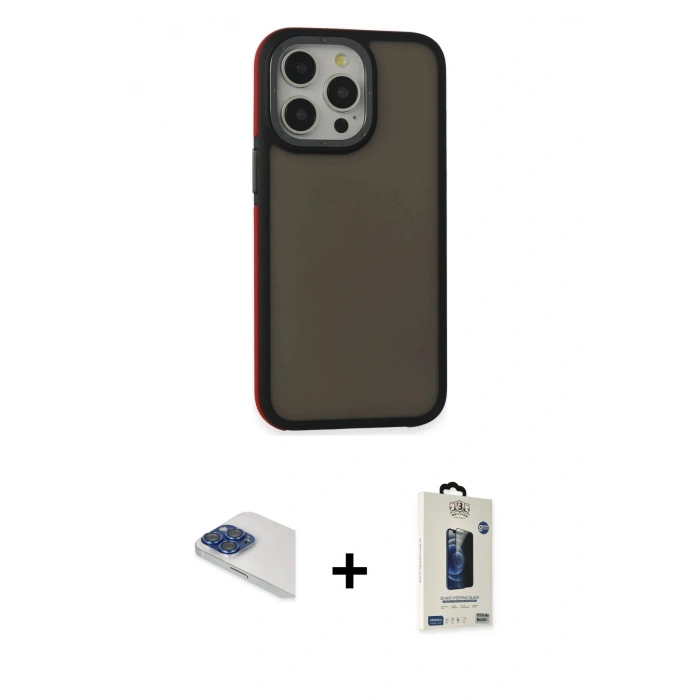 MARSİLYAN™- iPhone 13 Pro Max Kılıf Eksen Işık - Siyah Bilvis Hayalet Cam Ekran Koruyucu + Lacivert Pers Alüminyum Kamera Lens
