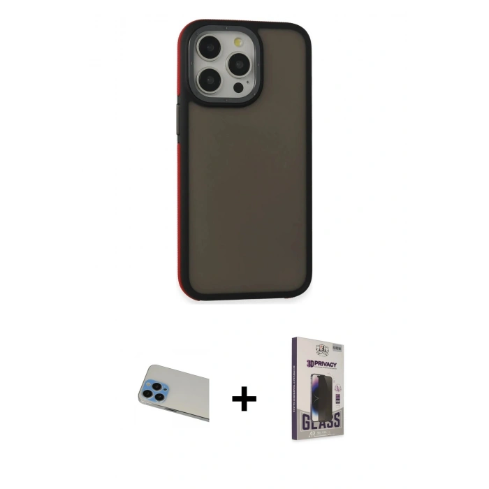 MARSİLYAN™- iPhone 13 Pro Max Kılıf Eksen Işık - Siyah Bilvis Hayalet Cam Ekran Koruyucu + Rainbow Kamera Lens Koruma Cam - MI