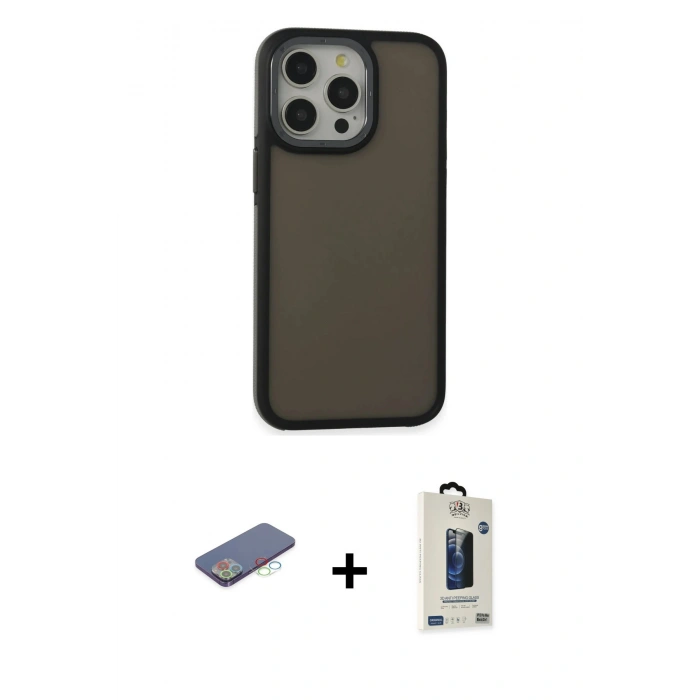 MARSİLYAN™- iPhone 13 Pro Max Kılıf Eksen Işık - Siyah Bilvis Hayalet Cam Ekran Koruyucu + Renkli Kamera Lens Koruma Cam - MI