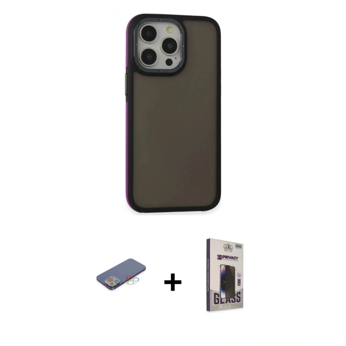 MARSİLYAN™- iPhone 13 Pro Max Kılıf Eksen Işık - Siyah Bilvis Hayalet Cam Ekran Koruyucu + Renkli Kamera Lens Koruma Cam - MI