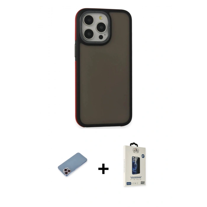 MARSİLYAN™- iPhone 13 Pro Max Kılıf Eksen Işık - Siyah Bilvis Hayalet Cam Ekran Koruyucu + Shine Kamera Lens Koruma Cam - PE