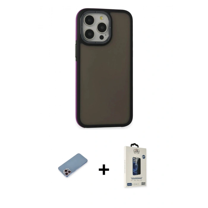 MARSİLYAN™- iPhone 13 Pro Max Kılıf Eksen Işık - Siyah Bilvis Hayalet Cam Ekran Koruyucu + Shine Kamera Lens Koruma Cam - PE