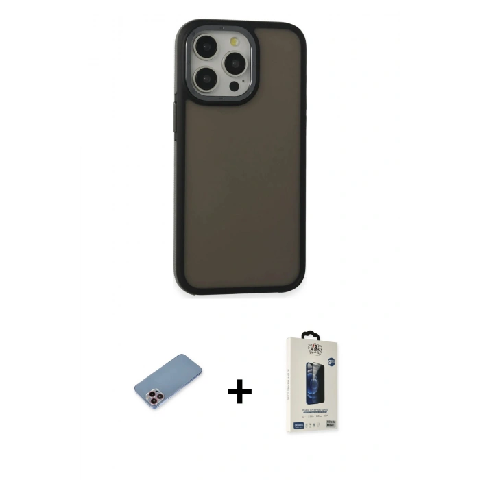 MARSİLYAN™- iPhone 13 Pro Max Kılıf Eksen Işık - Siyah Bilvis Hayalet Cam Ekran Koruyucu + Shine Kamera Lens Koruma Cam - PE