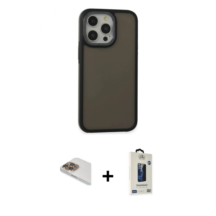 MARSİLYAN™- iPhone 13 Pro Max Kılıf Eksen Işık - Siyah Bilvis Hayalet Cam Ekran Koruyucu + Pers Alüminyum Kamera Lens - GD