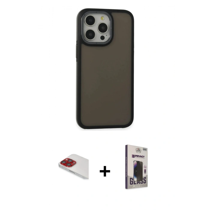 MARSİLYAN™- iPhone 13 Pro Max Kılıf Eksen Işık - Siyah Bilvis Hayalet Cam Ekran Koruyucu + Pers Alüminyum Kamera Lens - KI
