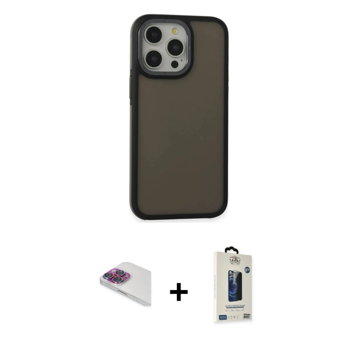 MARSİLYAN™- iPhone 13 Pro Max Kılıf Eksen Işık - Siyah Bilvis Hayalet Cam Ekran Koruyucu + Pers Alüminyum Kamera Lens - GI